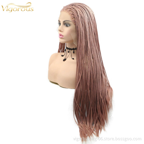 Long straight brown cheap wholesale high quality heat resistant synthetic braided wig with lace front
